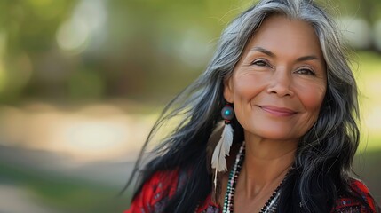 A smiling woman with long gray hair, adorned with jewelry, exuding warmth and cultural heritage in a natural setting.