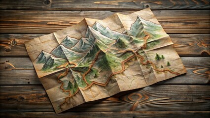 Old folded paper map with creases and tears, spread out on a worn wooden table, revealing a detailed illustration of a scenic mountainous place.