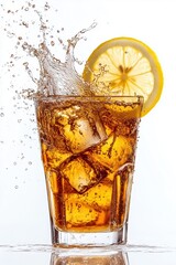 Wall Mural - A glass of sweet tea with ice cubes and a lemon slice, splashing against a white background