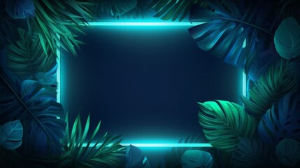 Wall Mural - Colorful nature concept, Neon colorful of tropical leaves with neon frame. Neural network ai generated art