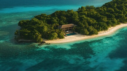 Poster - Aerial View of a Tropical Island with a Villa and Pool