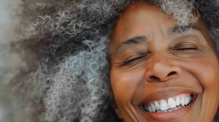 A joyful older woman with curly hair smiling brightly.