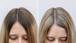 © Марина Демешко - Young blonde woman before and after hair coloring on a light background. Regrown hair roots and the result of highlighting, discoloration with the airtouch technique. Difference, comparison. Dyed hair