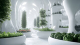 Modern indoor vertical microgreens farm with white futuristic design. Numerous green plants grow in columns. Concept of sustainable agriculture
