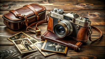 Retro brown leather-bound camera with brass details and lenses, adorned with vintage accessories, rests on a worn wooden table amidst scattered black-and-white photographs.