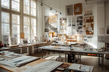 Wall Mural - Modern design studio with large windows, white walls, industrial floor plan, multiple desks with architectural sketches, collage of wooden panels and aged papers, natural light, and creative ambiance.