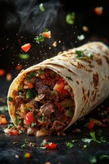 Food of an open shawarma with meat, vegetables, and sauce splashing out from it on a dark background, high resolution