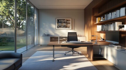 Canvas Print - Modern Office Interior with Large Window and Wooden Shelving