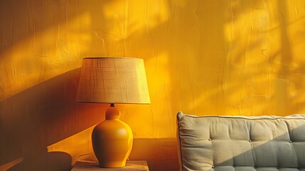 Yellow table lamp on a yellow wall background