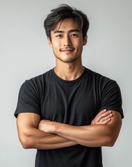 Wall Mural - A handsome young Asian man standing with crossed arms, isolated on a white background