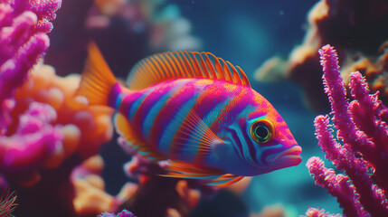 Vibrant tropical fish with colorful stripes swimming among corals, isolated on a transparent background, showcasing marine life.
