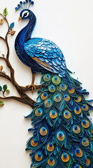 Elegant blue peacock perched on a branch with intricate feathers, isolated on a transparent background, symbolizing beauty.
