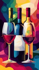 Wine poster, illustration style with three wine bottles and glasses, colorful geometric shapes