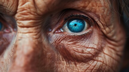 Poster - A close-up of an elderly person's eye showcasing intricate details and reflections.