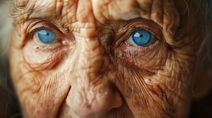 Poster - Close-up of an elderly person's face, showcasing deep wrinkles and striking blue eyes.