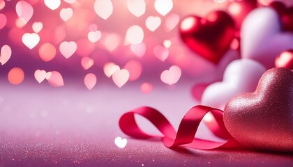 Wall Mural - valentine love hearts wide panorama horizontal header ribbons bokeh glitter on red pink and purple white backgrounds