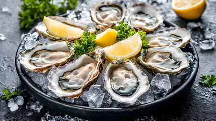 Wall Mural - A plate of fresh oysters served on ice with lemon wedges