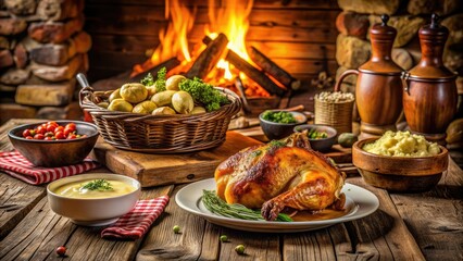 Rustic wooden table set with traditional country-style dinner featuring roasted chicken, mashed potatoes, and steaming vegetables amidst a warm and cozy countryside atmosphere.