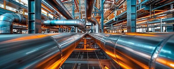 Close-up of large industrial pipes with orange light reflecting off of them.