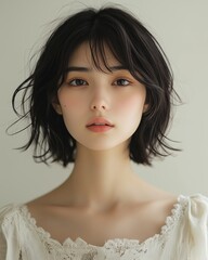 Wall Mural - Cute Japanese girl with short hair, frontal, solid white background, light and shadow on the face