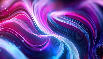 Wall Mural - vibrant abstract composition with flowing wavy lines in shades of pink purple and blue illuminated with small sparkling particles fluidity motion and the blending of digital and organic forms