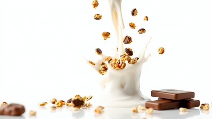 Granola and chocolate pieces splashing in milk