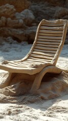 Wall Mural - A sandy beach chair sculpted from sand, sitting under a warm sun, evoking a sense of relaxation and summer vibes.