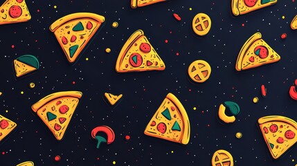 A colorful pattern featuring various pizza slices and toppings on a dark background.