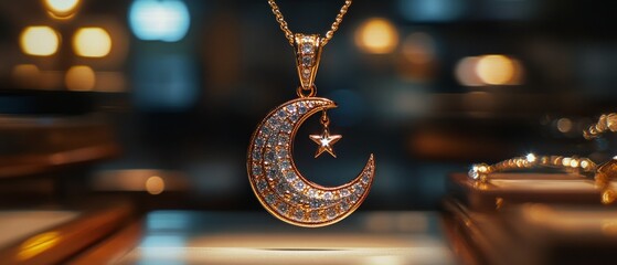 Crescent Moon and Star Pendant Jewelry Showcase Islam Religion Spiritual Symbol