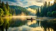 © Sirinporn - Serene solo kayaker glides across misty lake at dawn, surrounded by lush green forest reflections, creating a peaceful atmosphere of tranquility and connection with nature.