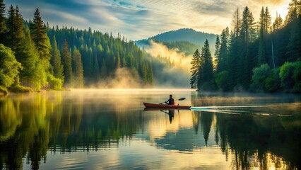 Serene solo kayaker glides across misty lake at dawn, surrounded by lush green forest reflections, creating a peaceful atmosphere of tranquility and connection with nature.