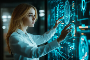Young Female Uses Artificial Intelligence in System Control Monitoring Center.