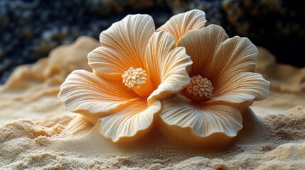 A beautiful artistic representation of two tropical flowers crafted from fine sand, showcasing intricate details and a warm color palette.