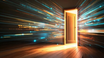 Wall Mural - Digital Data Privacy Concept with Open Door and Abstract Light Trails Representing Information Flow and Security