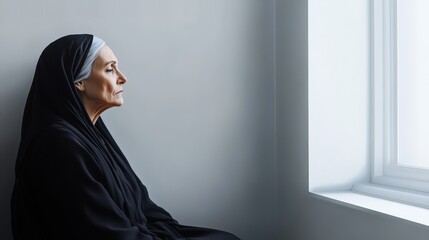 Serene Elderly Nun Contemplating by Sunlit Window