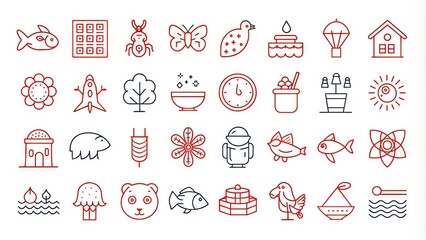 Simple, minimalist outline illustrations of various objects, icons, and creatures, isolated on white background, perfect for digital designs and educational materials.