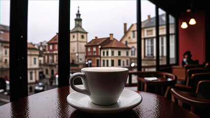 Photo of a city coffee shop with a view of the street, a cup of cappuccino is on the table, it is a rainy day outside, medieval buildings are visible through the window