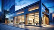© Sirinporn - Sleek, minimalist storefront with large glass windows and LED signage displaying product showcases, set against a bright blue sky in a bustling cityscape.
