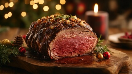 A beautifully cooked prime rib roast with festive holiday decorations in the background, perfect for a Christmas dinner setting.