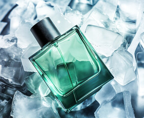 Wall Mural - A glass bottle with green perfume lies on ice