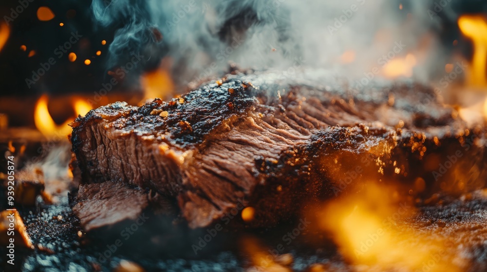 Closeup of a deliciously grilled steak sizzling over an open flame ...