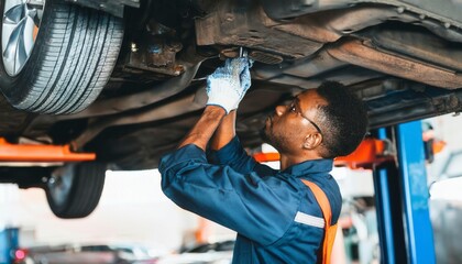 Wall Mural - Mechanic worker, standing under the car, and repairing vehicle parts. Generated image