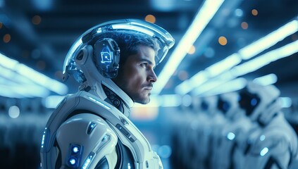 A determined male astronaut in a futuristic white spacesuit amidst a team, prepares for a space mission. The scene is set in a high tech spacecraft interior with bright lights.