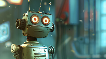 3d abstract futuristic retro vintage friendly robot in green colors with orange brown eyes. Metal machine learning AI toy. Technology science background cartoon illustration	. IT kids school
