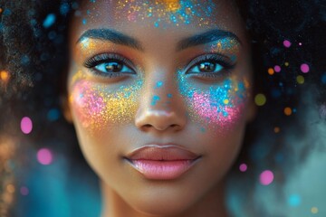 Young Woman With Vibrant Glitter Makeup and Colorful Accents