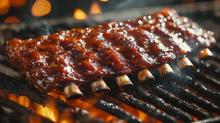 Closeup of juicy barbecue ribs sizzling on the grill, slathered in sauce with flames flickering in the background, highlighting a summer cookout vibe.