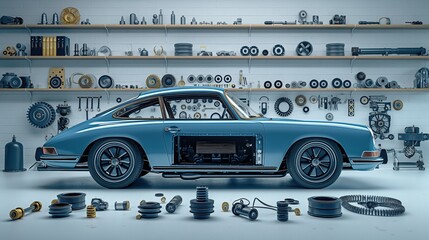 In a white space, there is a blue car in the center. In front of the car are car wheels, car rims and spokes, car bearings, car compressors, and car engines.