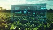 © sarun - Close-up of a digital dashboard showing real-time analytics for crop yield and health, with a backdrop of green fields.