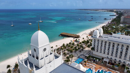 Wall Mural - Aruba Skyline At Palm Beach In Caribbean Netherlands Aruba. Beach Landscape. Caribbean Paradise. Palm Beach At Caribbean Netherlands Aruba. Seascape Outdoor. Nature Tourism.