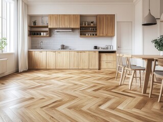 A kitchen with wooden cabinets and a chevron floor